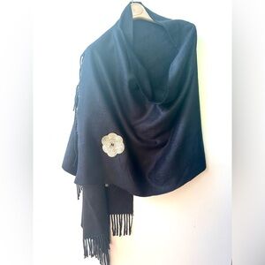 Cashmere Silk CHANEL Style Elegant Black Shawl w/ Camellia CC Accent 24”x70”